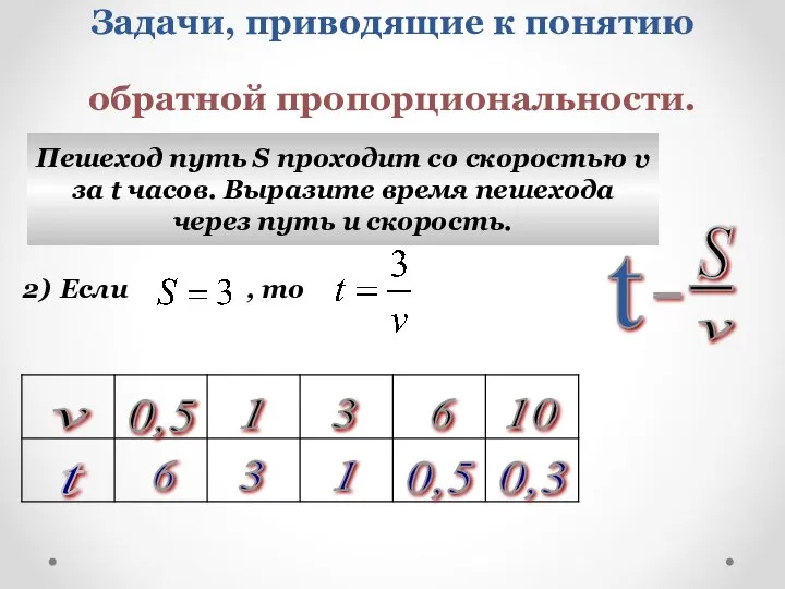 Задачи, приводящие к понятию обратной пропорциональности. Пешеход путь S проходит со