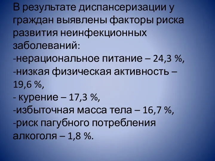 В результате диспансеризации у граждан выявлены факторы риска развития неинфекционных заболеваний: