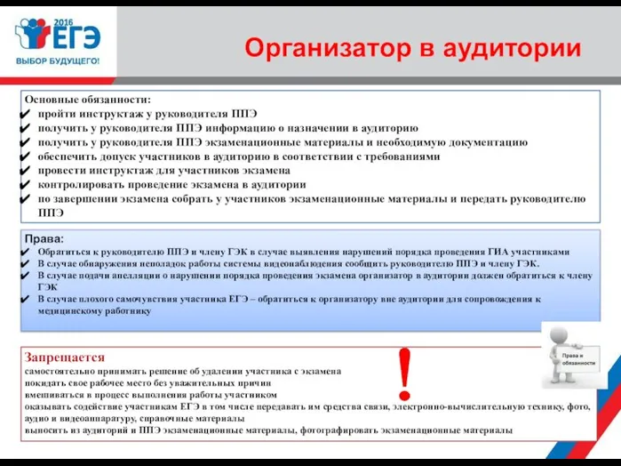 Основные обязанности: пройти инструктаж у руководителя ППЭ получить у руководителя ППЭ