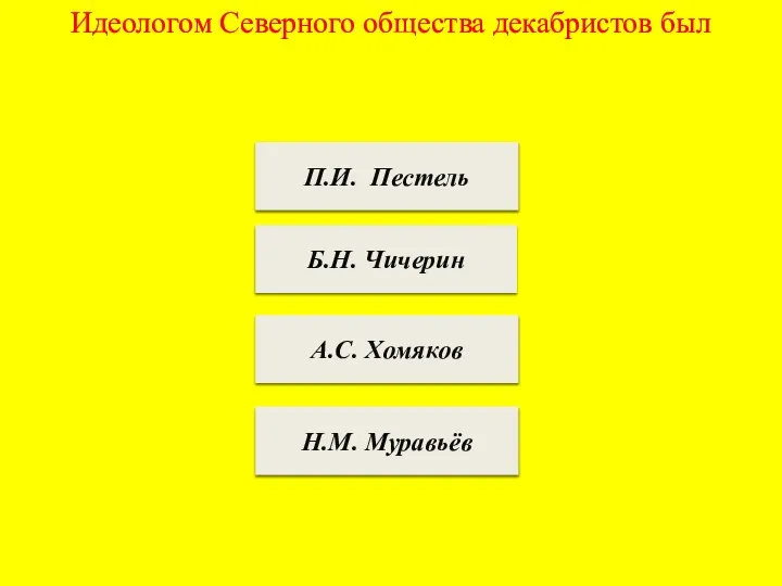 Идеологом Северного общества декабристов был П.И. Пестель Б.Н. Чичерин А.С. Хомяков Н.М. Муравьёв