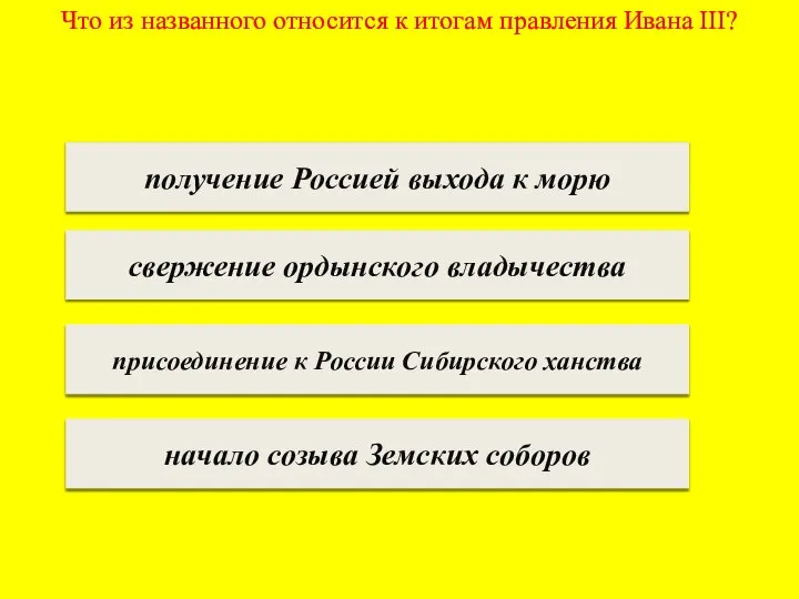 Что из названного относится к итогам правления Ивана III? получение Россией