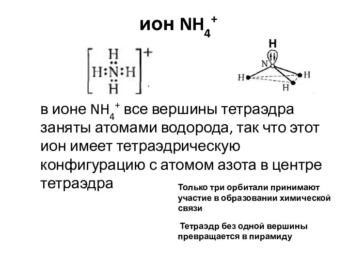 ион NH4+ Только три орбитали принимают участие в образовании химической связи