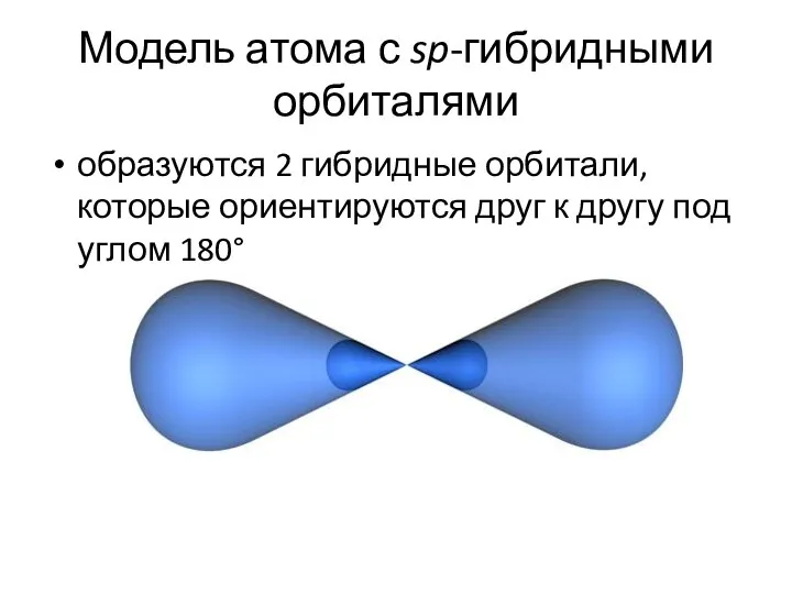 Модель атома с sp-гибридными орбиталями образуются 2 гибридные орбитали, которые ориентируются