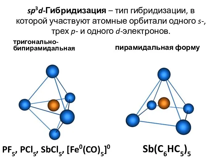 sp3d-Гибридизация – тип гибридизации, в которой участвуют атомные орбитали одного s-,