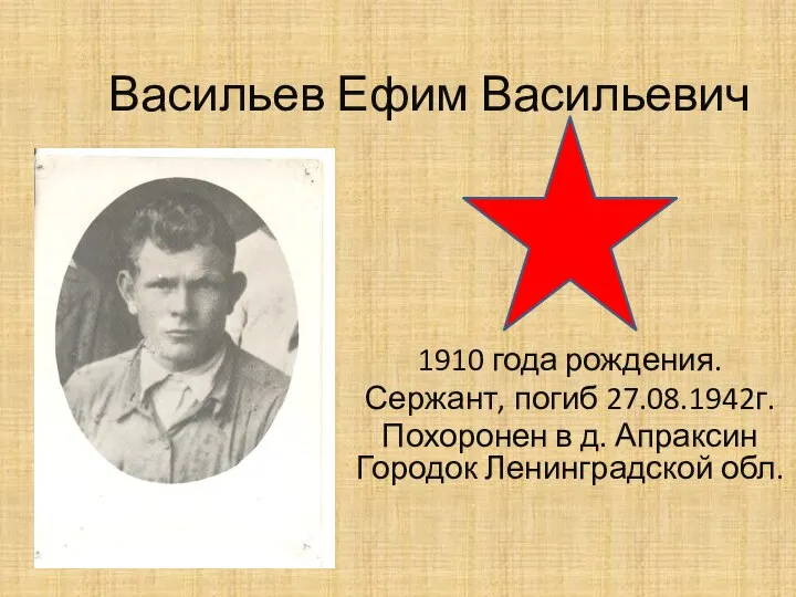 Васильев Ефим Васильевич 1910 года рождения. Сержант, погиб 27.08.1942г. Похоронен в д. Апраксин Городок Ленинградской обл.