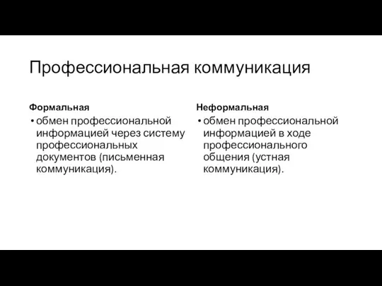 Профессиональная коммуникация Формальная обмен профессиональной информацией через систему профессиональных документов (письменная