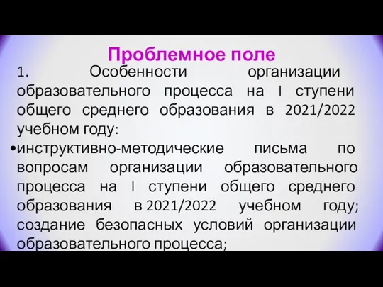 1. Особенности организации образовательного процесса на I ступени общего среднего образования