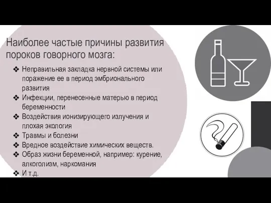 Наиболее частые причины развития пороков говорного мозга: Неправильная закладка нервной системы