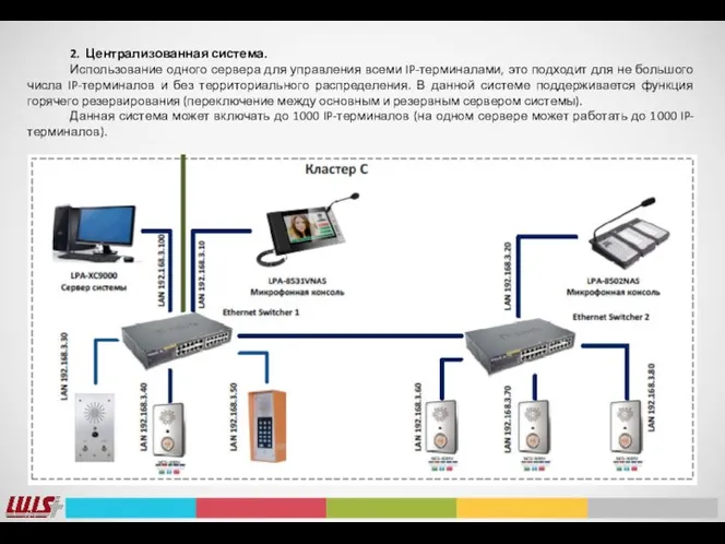 2. Централизованная система. Использование одного сервера для управления всеми IP-терминалами, это