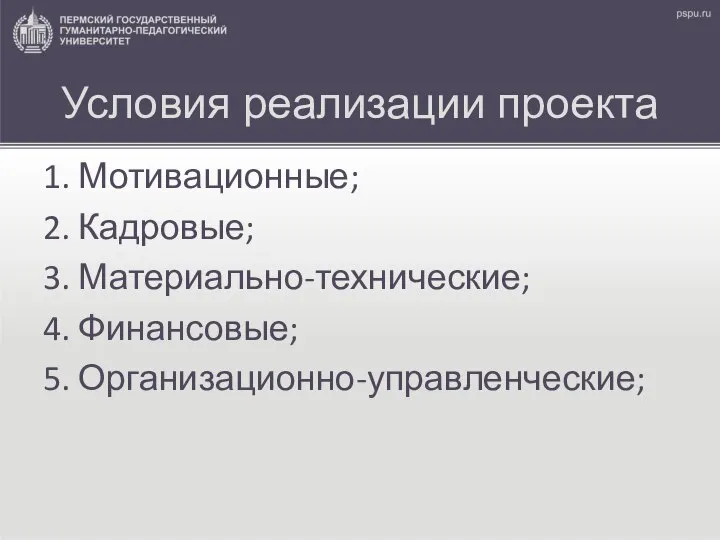 Условия реализации проекта 1. Мотивационные; 2. Кадровые; 3. Материально-технические; 4. Финансовые; 5. Организационно-управленческие;