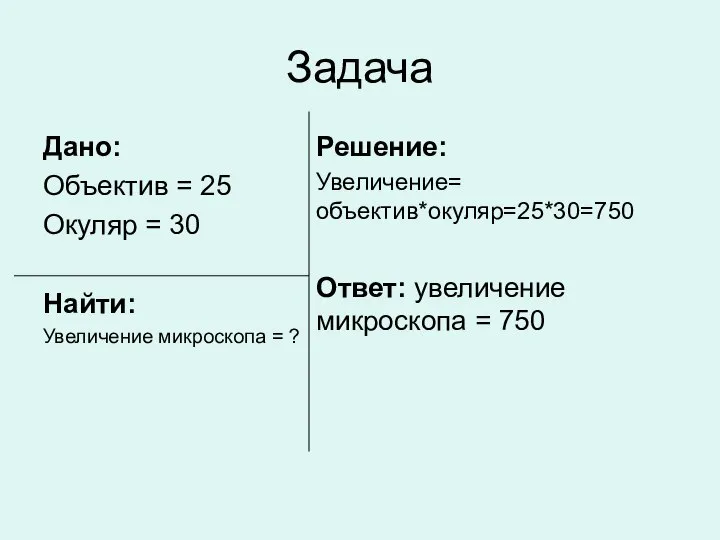 Задача Дано: Объектив = 25 Окуляр = 30 Найти: Увеличение микроскопа