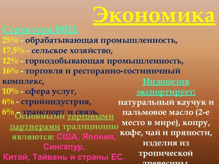 Структура ВВП: 25% - обрабатывающая промышленность, 17,5% - сельское хозяйство, 12%