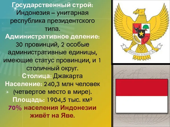 Государственный строй: Индонезия – унитарная республика президентского типа. Административное деление: 30