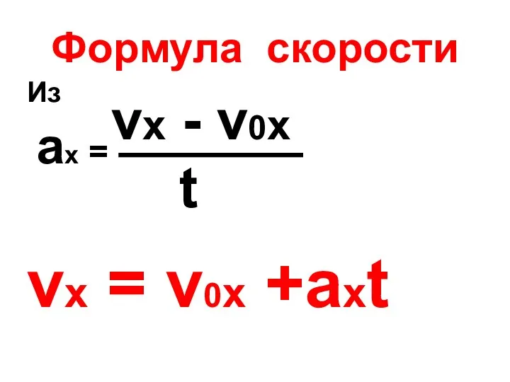 Формула скорости Из ах = vx = v0x +axt vx - v0x t