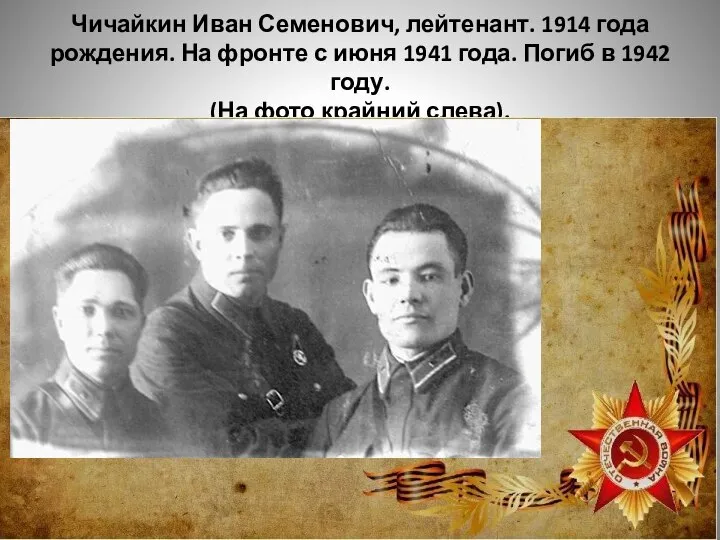 Чичайкин Иван Семенович, лейтенант. 1914 года рождения. На фронте с июня