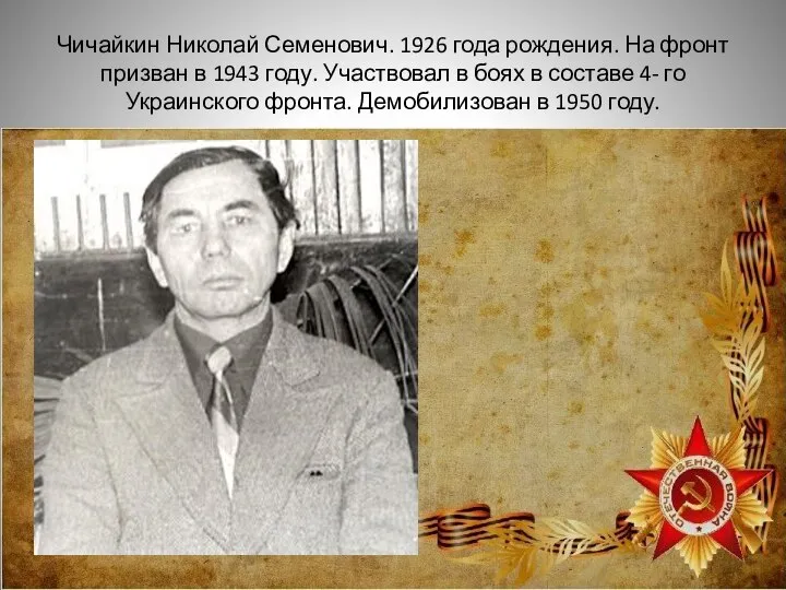 Чичайкин Николай Семенович. 1926 года рождения. На фронт призван в 1943