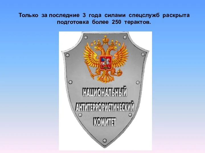 Только за последние 3 года силами спецслужб раскрыта подготовка более 250 терактов.