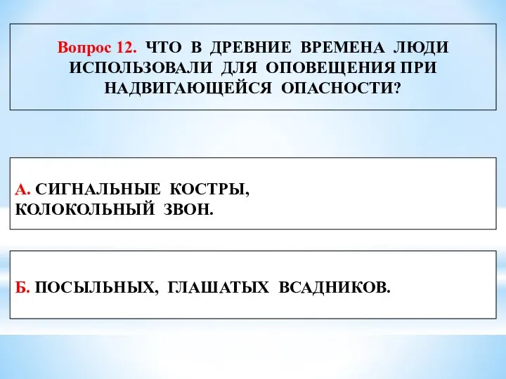 Вопрос 12. ЧТО В ДРЕВНИЕ ВРЕМЕНА ЛЮДИ ИСПОЛЬЗОВАЛИ ДЛЯ ОПОВЕЩЕНИЯ ПРИ