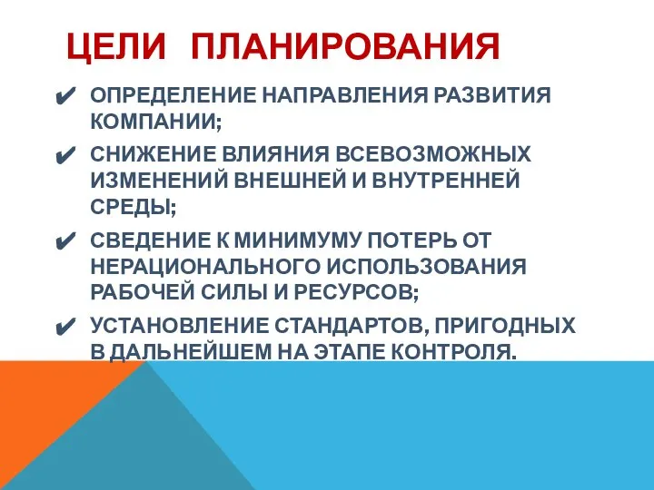 ЦЕЛИ ПЛАНИРОВАНИЯ ОПРЕДЕЛЕНИЕ НАПРАВЛЕНИЯ РАЗВИТИЯ КОМПАНИИ; СНИЖЕНИЕ ВЛИЯНИЯ ВСЕВОЗМОЖНЫХ ИЗМЕНЕНИЙ ВНЕШНЕЙ