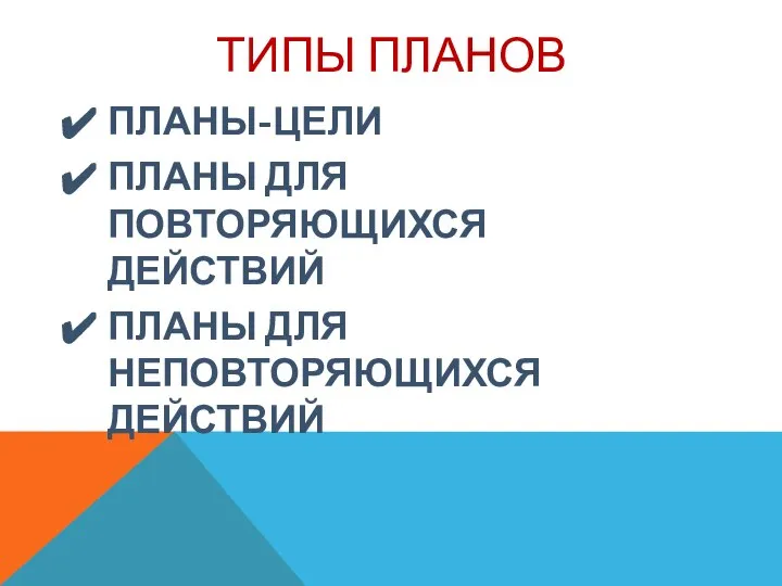 ТИПЫ ПЛАНОВ ПЛАНЫ-ЦЕЛИ ПЛАНЫ ДЛЯ ПОВТОРЯЮЩИХСЯ ДЕЙСТВИЙ ПЛАНЫ ДЛЯ НЕПОВТОРЯЮЩИХСЯ ДЕЙСТВИЙ