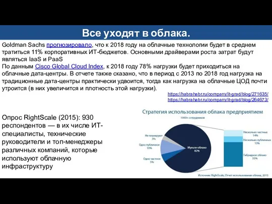 https://habrahabr.ru/company/it-grad/blog/271635/ https://habrahabr.ru/company/it-grad/blog/264673/ Goldman Sachs прогнозировало, что к 2018 году на облачные