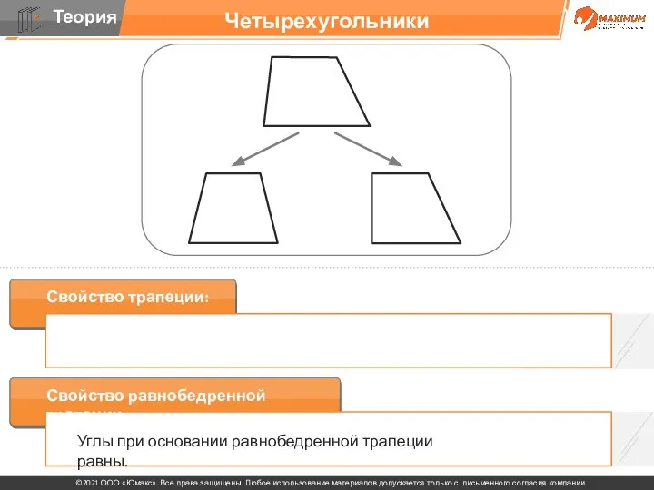 Четырехугольники Свойство трапеции: Свойство равнобедренной трапеции: Углы при основании равнобедренной трапеции равны.