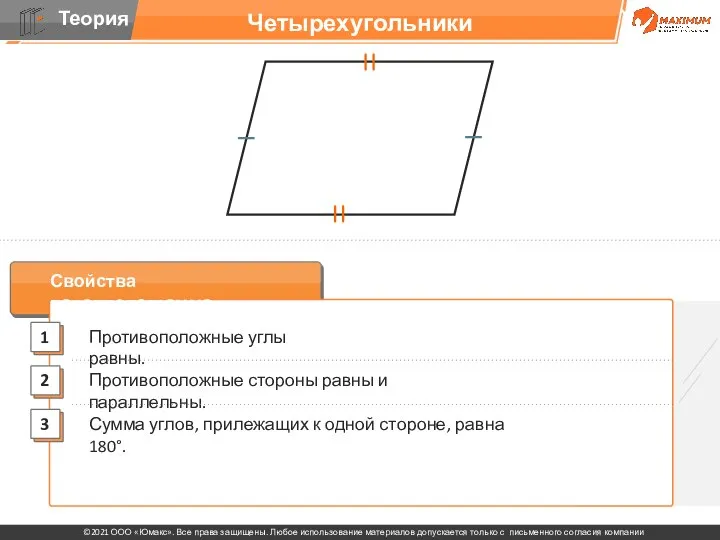 Четырехугольники Свойства параллелограмма: Противоположные углы равны. Сумма углов, прилежащих к одной