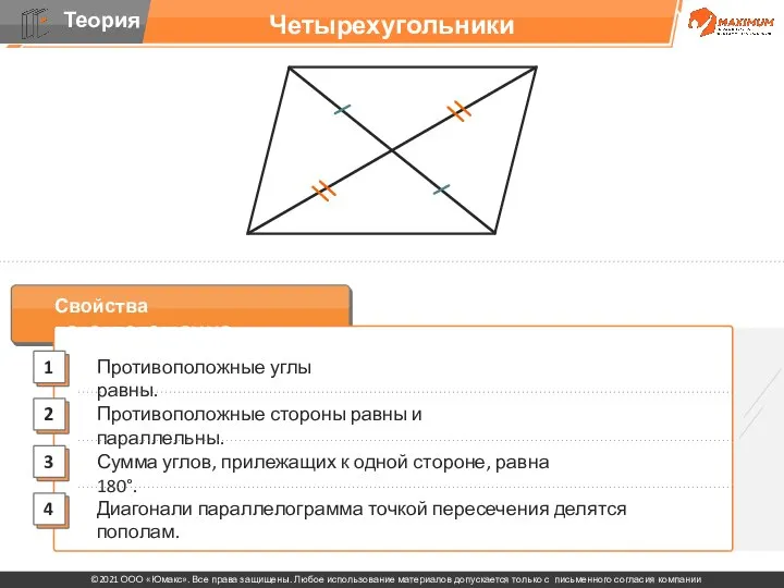 Четырехугольники Свойства параллелограмма: Противоположные углы равны. Сумма углов, прилежащих к одной