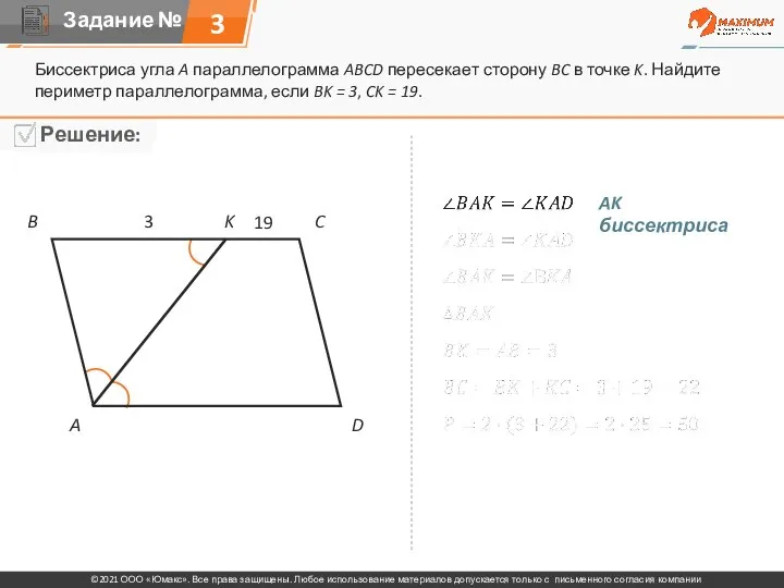 Биссектриса угла A параллелограмма ABCD пересекает сторону BC в точке K.