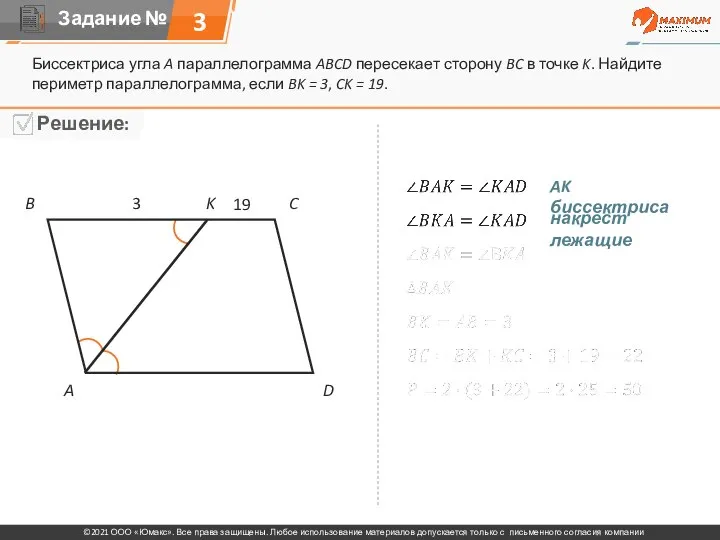 Биссектриса угла A параллелограмма ABCD пересекает сторону BC в точке K.