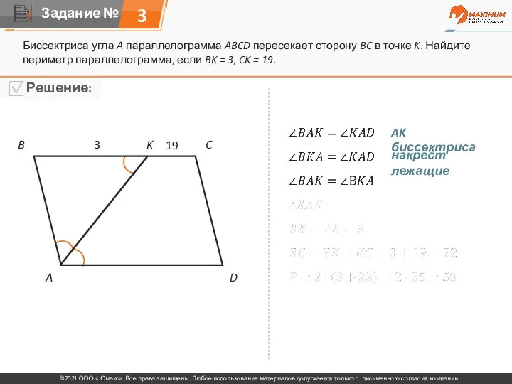 Биссектриса угла A параллелограмма ABCD пересекает сторону BC в точке K.