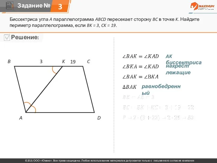 Биссектриса угла A параллелограмма ABCD пересекает сторону BC в точке K.