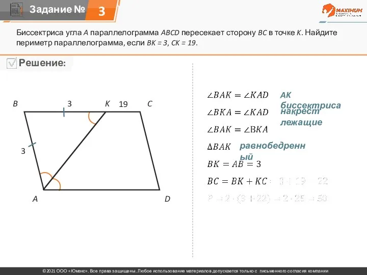 Биссектриса угла A параллелограмма ABCD пересекает сторону BC в точке K.