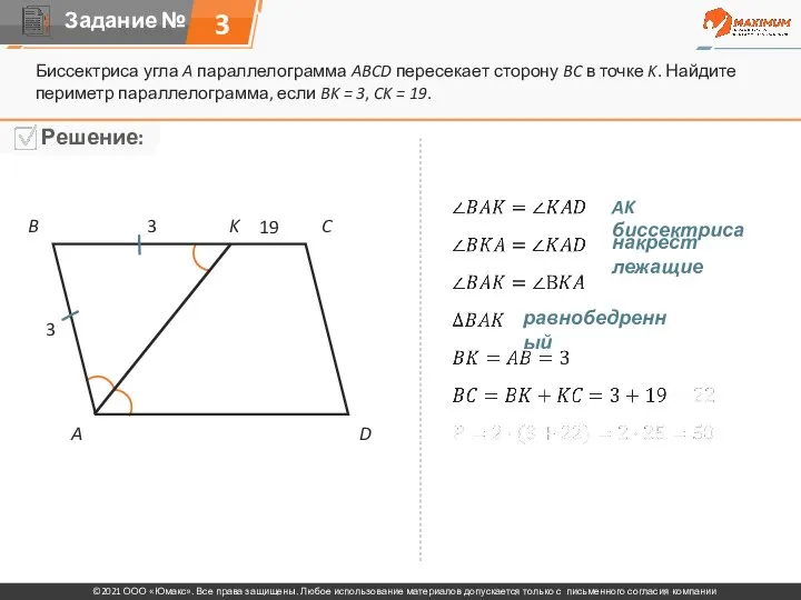 Биссектриса угла A параллелограмма ABCD пересекает сторону BC в точке K.