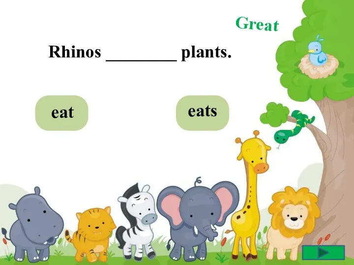 Rhinos ________ plants. eat eats Great