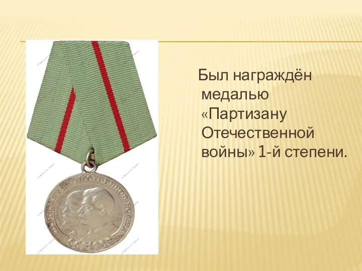 Был награждён медалью «Партизану Отечественной войны» 1-й степени.