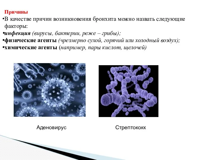 Причины В качестве причин возникновения бронхита можно назвать следующие факторы: инфекция