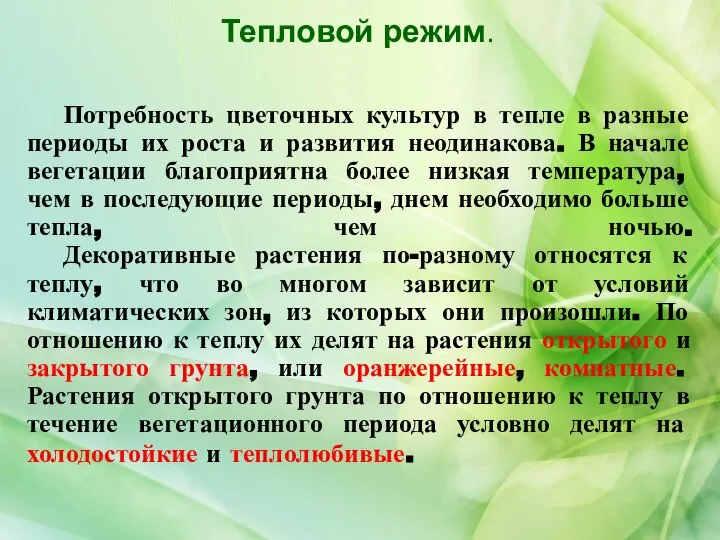 Тепловой режим. Потребность цветочных культур в тепле в разные периоды их