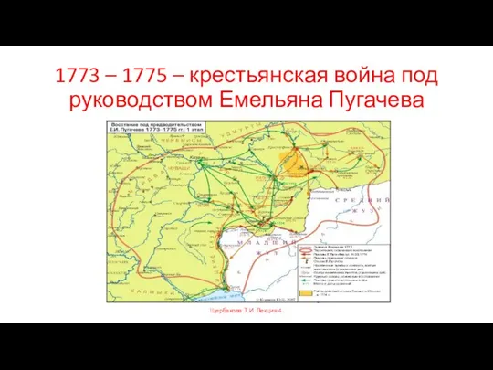 1773 – 1775 – крестьянская война под руководством Емельяна Пугачева Щербакова Т.И. Лекция 4.