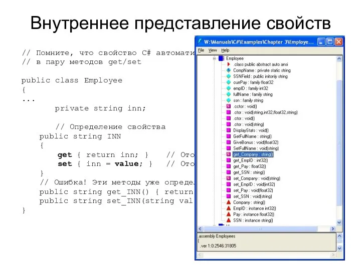 Внутреннее представление свойств // Помните, что свойство C# автоматически отображается //