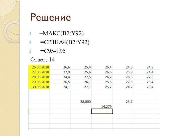 Решение =МАКС(B2:Y92) =СРЗНАЧ(B2:Y92) =C95-E95 Ответ: 14