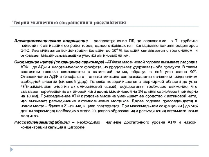 Теория мышечного сокращения и расслабления Электромеханическое сопряжение – распространение ПД по