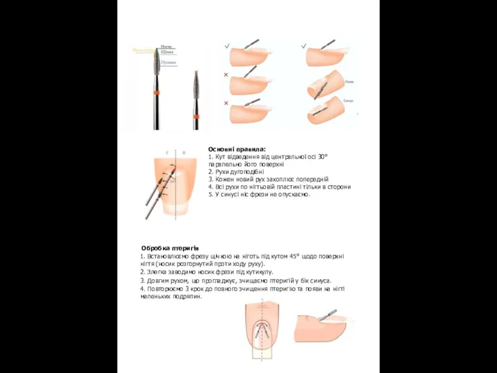 ТЕХНОЛОГІЯ КОМБІНОВАНОГО МАНІКЮРУ Основні правила: 1. Кут відведення від центральної осі