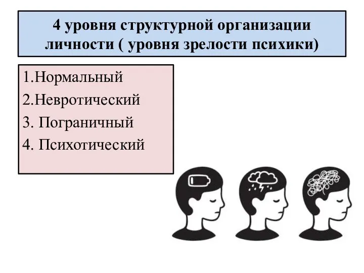 4 уровня структурной организации личности ( уровня зрелости психики) 1.Нормальный 2.Невротический 3. Пограничный 4. Психотический