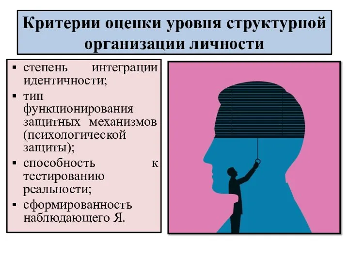 Критерии оценки уровня структурной организации личности степень интеграции идентичности; тип функционирования