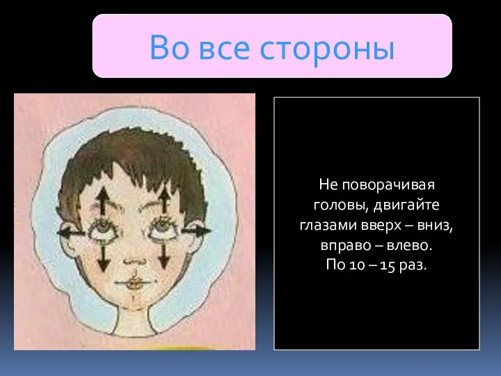 Во все стороны Не поворачивая головы, двигайте глазами вверх – вниз,