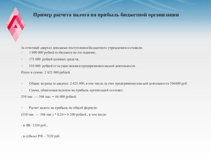 Пример расчета налога на прибыль бюджетной организации За отчетный квартал денежные