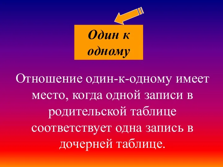 Отношение один-к-одному имеет место, когда одной записи в родительской таблице соответствует одна запись в дочерней таблице.