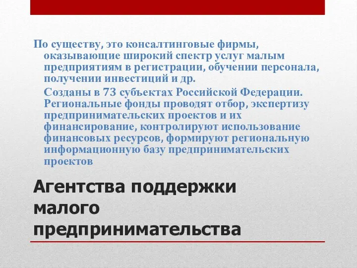 Агентства поддержки малого предпринимательства По существу, это консалтинговые фирмы, оказывающие широкий