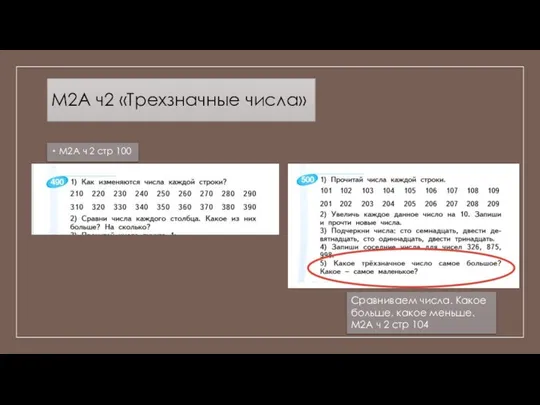 М2А ч2 «Трехзначные числа» М2А ч 2 стр 100 Сравниваем числа.